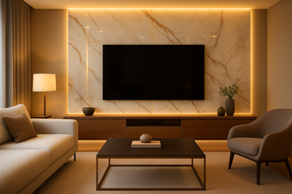 Porcelanato Marmorizado com dourado: 10 ideias elegantes para transformar seu projeto 1 Sala de estar moderna com painel de TV revestido em porcelanato marmorizado de tom claro com veios dourados, iluminação em fita LED quente ao redor do painel, mobiliário minimalista em madeira e sofá claro, criando um ambiente elegante e aconchegante.