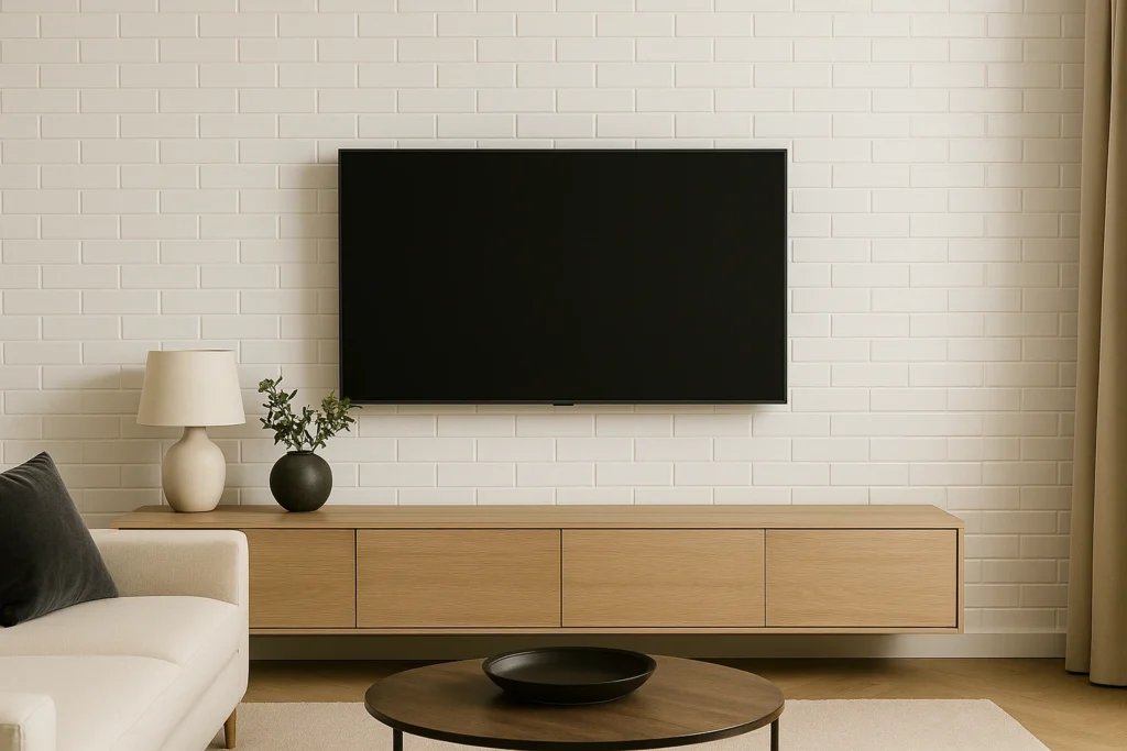 Color Mind Light BR 7x25: Elegância em Cada detalhe da sua Parede 5 Sala de estar moderna e sofisticada com parede de TV revestida com o Revestimento Tijolinho Branco Acetinado 7x25 Decortiles Color Mind Light Bold “A”, iluminação indireta, móveis elegantes e tons neutros que realçam a textura do revestimento.