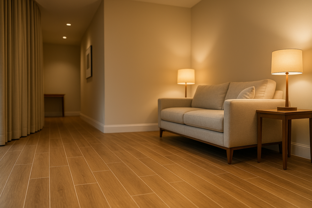Porcelanato Amadeirado com Rodapé Branco: descubra se vale a pena apostar nessa combinação! 2 Sala de estar moderna com piso em porcelanato amadeirado e rodapé branco, paredes neutras, sofá de linho e iluminação quente criando ambiente elegante e confortável.