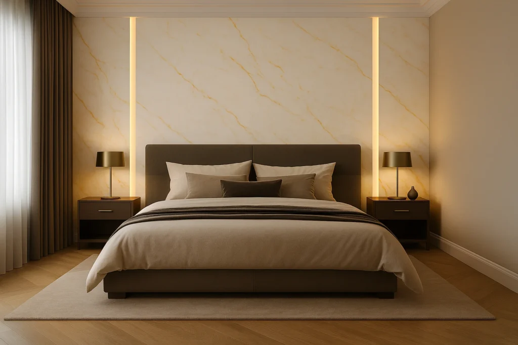 Porcelanato Marmorizado com dourado: 10 ideias elegantes para transformar seu projeto 7 Quarto moderno e acolhedor com parede marmorizada de veios dourados atrás da cama, faixas de LED verticais, cabeceira estofada cinza, roupa de cama em tons neutros, criados-mudos de madeira com luminárias douradas, cortinas longas e piso amadeirado.