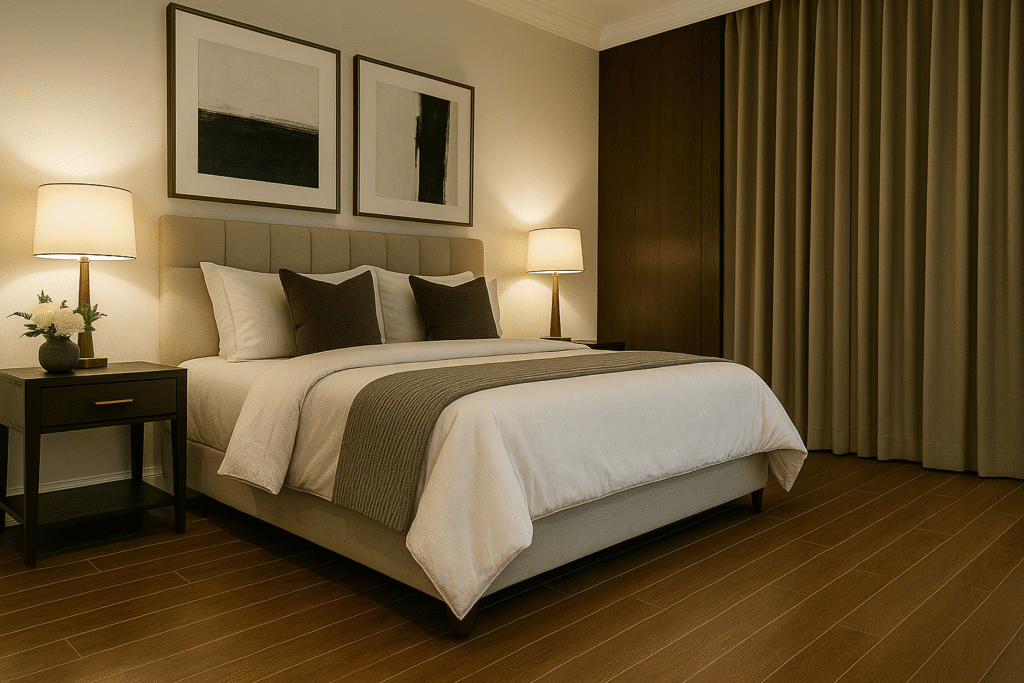 Porcelanato Amadeirado com Rodapé Branco: descubra se vale a pena apostar nessa combinação! 4 Quarto moderno e elegante com piso em porcelanato amadeirado escuro e rodapé branco, cama de linho bege, luminárias de mesa e decoração sofisticada em tons neutros.