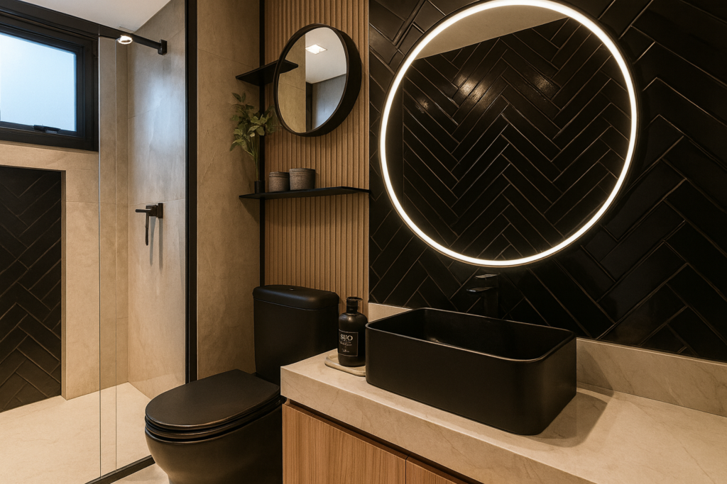 Banheiro com Pastilha Preta: Ideias, Combinações e Produtos para acertar no projeto 3 Banheiro moderno com parede atrás da pia revestida em Revestimento Preto Polido 10×20 Eliane Metro Bold “A” no padrão espinha-de-peixe (forma de V), espelho redondo iluminado por LED, cuba e metais pretos, bancada bege e detalhes amadeirados.