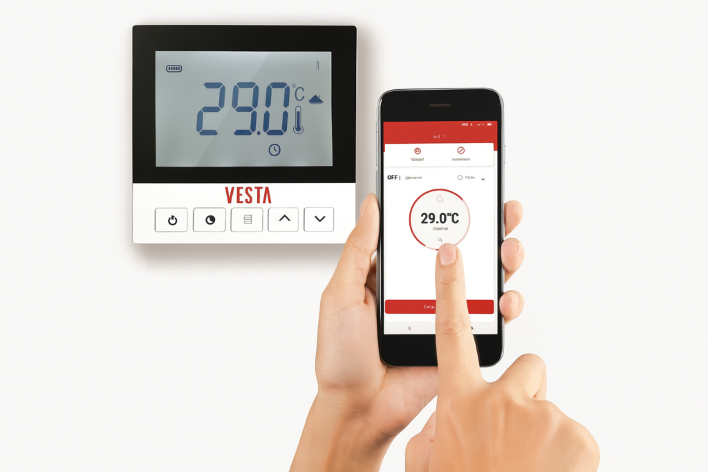Piso Aquecido Vesta: Conforto, Economia e Tecnologia para seu lar 3 Termostato digital Vesta com tela exibindo 29°C e controle de temperatura via aplicativo móvel.