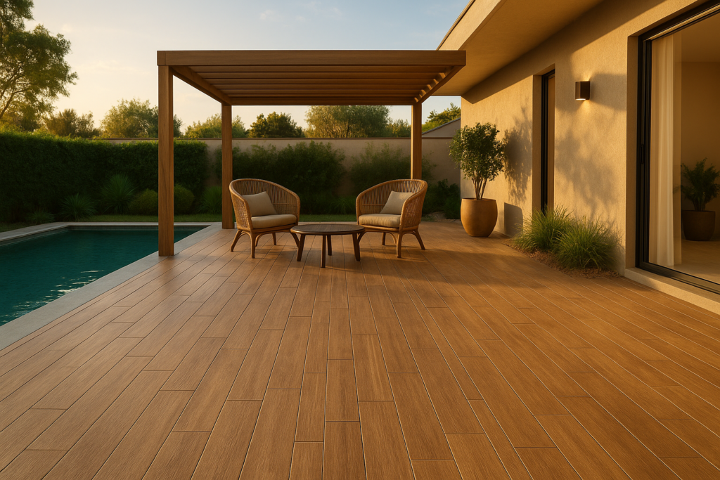 Varanda moderna com deck de porcelanato amadeirado antiderrapante ao redor da piscina, pergolado de madeira, poltronas de fibra e vegetação, em fim de tarde iluminado.