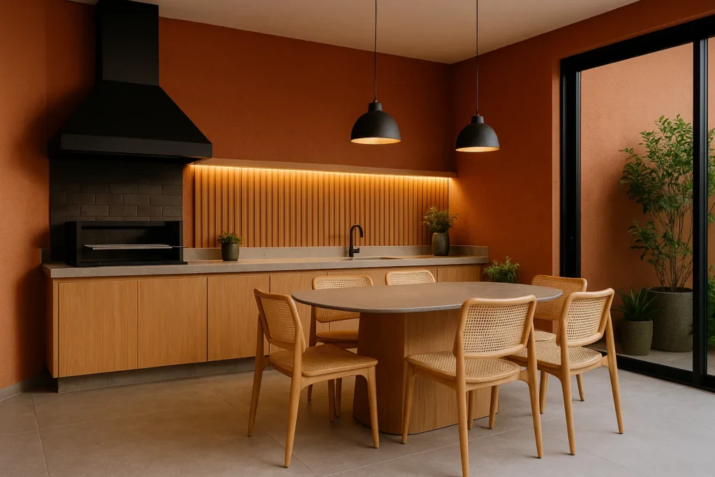 Porcelanato Cimentício no chão: 5 cores de parede para um conjunto elegante 6 Área gourmet moderna com parede em terracota, piso de porcelanato cinza, bancada cinza, churrasqueira preta, painel ripado com iluminação LED, mesa oval e cadeiras em palhinha, ao lado de esquadrias de vidro para o jardim.