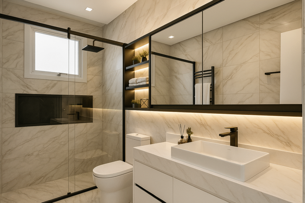 Porcelanato Marmorizado: guia completo de combinações elegantes 2 Banheiro moderno com piso e paredes em porcelanato marmorizado claro, bancada branca com cuba retangular, torneira e ducha pretas, box com perfis pretos, nicho iluminado e espelho-armário com prateleiras de LED
