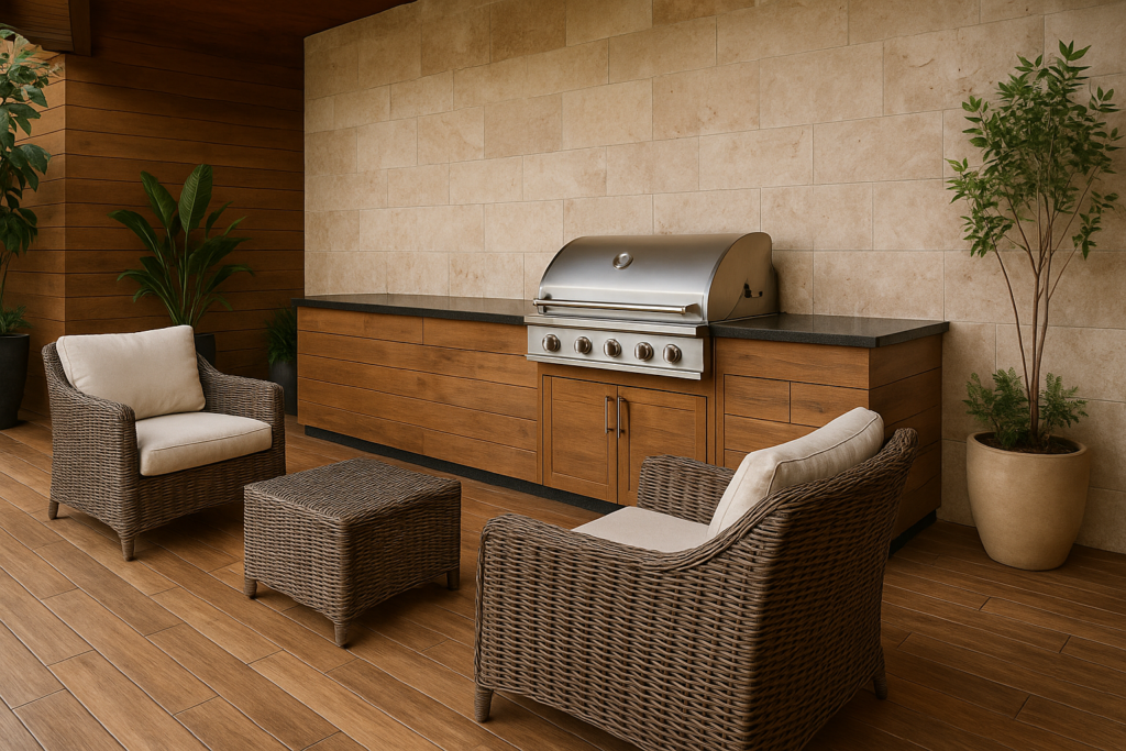 Área gourmet externa com churrasqueira inox, parede de travertino bege, piso de porcelanato amadeirado em réguas, bancada com armários de madeira e poltronas de fibra, cercada por plantas.