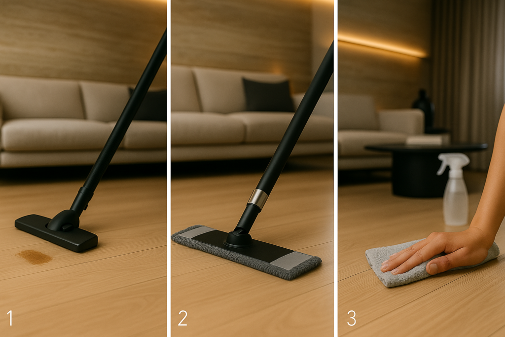 Como limpar Piso Laminado: Guia prático e como evitar erros 2 Imagem demonstrando como limpar piso laminado em três etapas: 1) aspirador com bocal de cerdas removendo pó; 2) mop de microfibra levemente umedecido; 3) mão passando pano seco para finalizar, em sala moderna.