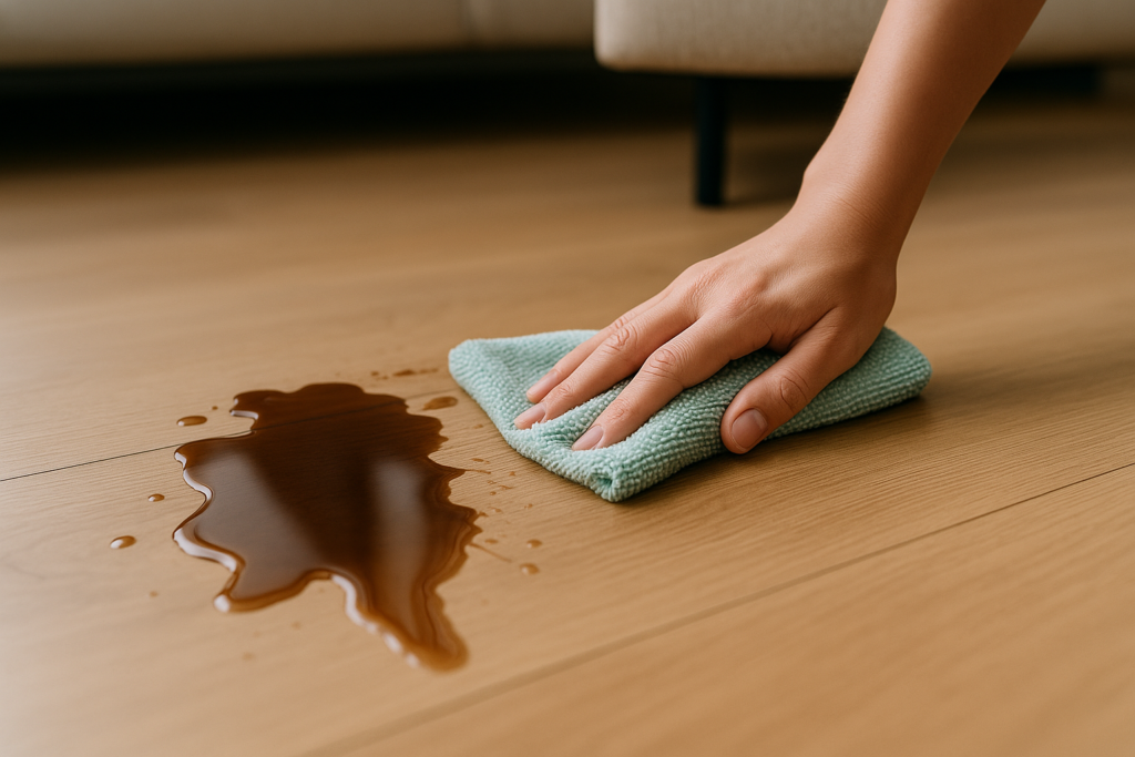 Como limpar Piso Laminado: Guia prático e como evitar erros 3 Mão pressionando pano de microfibra verde para remover mancha de líquido escuro em piso laminado claro, demonstrando como limpar piso laminado com umidade controlada.