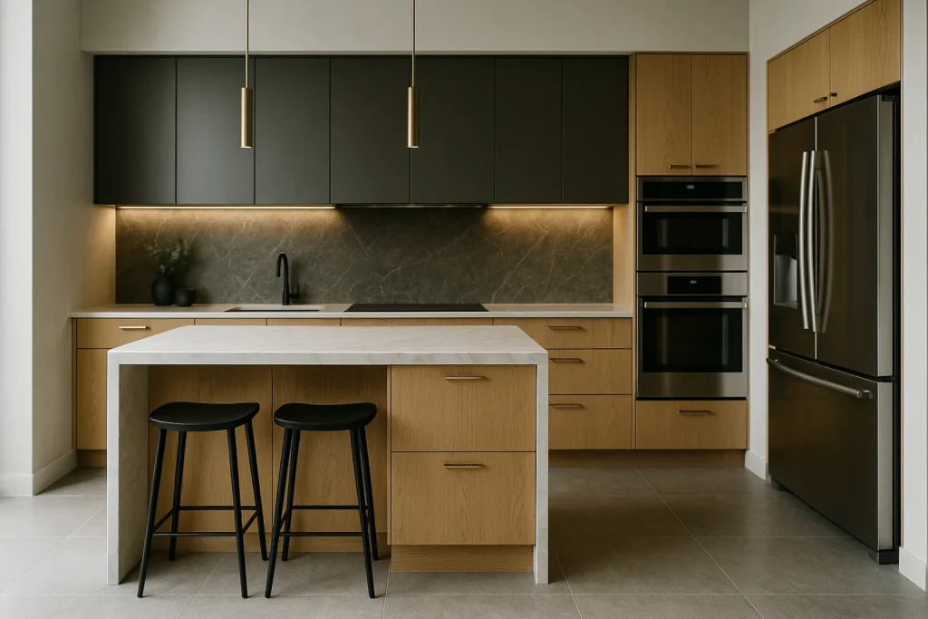 Porcelanato Cimentício no chão: 5 cores de parede para um conjunto elegante 3 Cozinha moderna e realista com parede cinza claro, piso em porcelanato cimentício, ilha com bancada marmorizada, armários em madeira clara, eletros em inox e iluminação LED aconchegante.