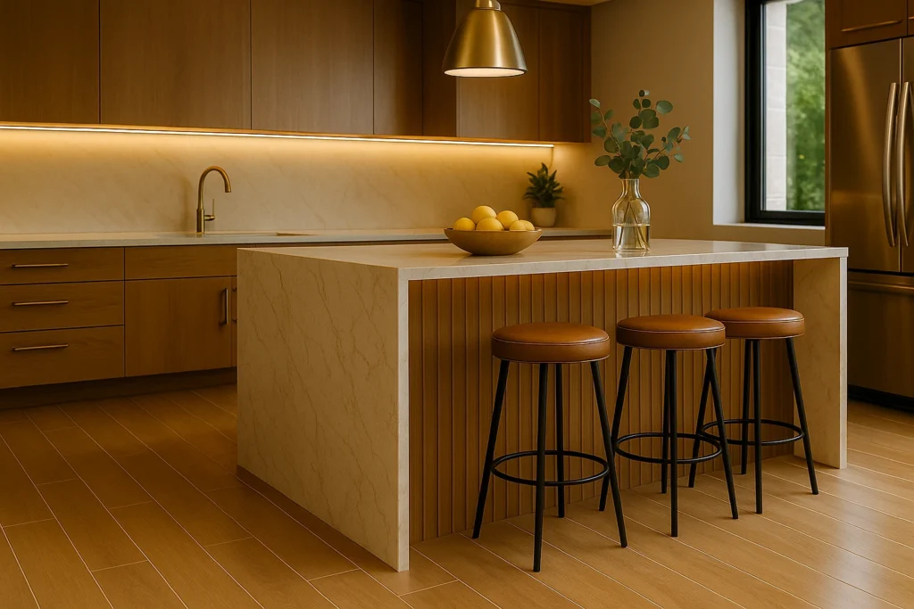 Cozinha moderna e elegante com piso de porcelanato amadeirado acetinado em réguas, parede de bancada em tom areia, ilha com frente ripada e tampo marmorizado, três banquetas, torneira dourada e geladeira inox próxima à janela.