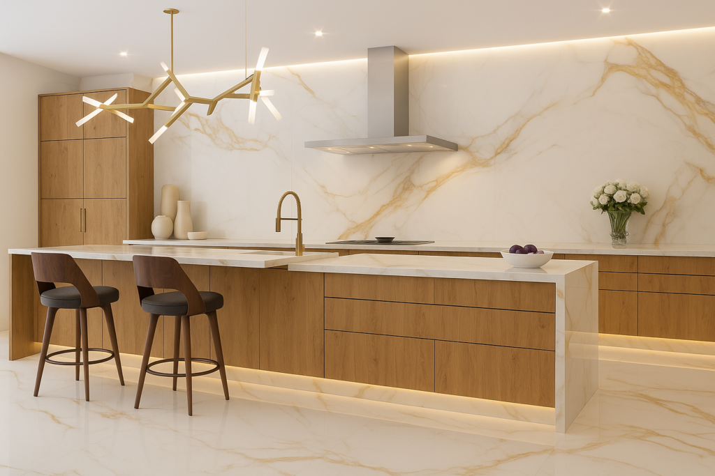 Porcelanato Marmorizado: guia completo de combinações elegantes 3 Cozinha moderna com piso e backsplash em porcelanato marmorizado Calacatta, ilha com queda d’água, marcenaria em madeira clara, torneira dourada, coifa inox, fitas de LED e lustre contemporâneo centralizado sobre a bancada.