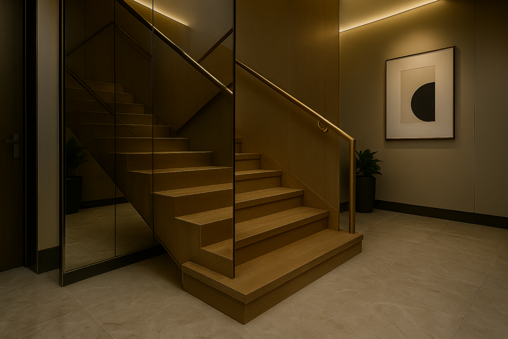 Escada interna contemporânea revestida com porcelanato amadeirado em tom caramelo, espelho de parede inteira refletindo os degraus, corrimão em dourado, rodapés escuros e piso do hall em porcelanato marmorizado bege.