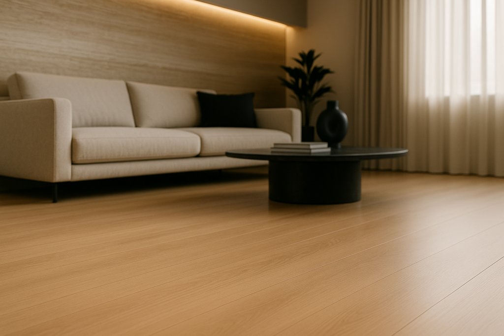 Como limpar Piso Laminado: Guia prático e como evitar erros 4 Sala de estar moderna com sofá bege, mesa de centro preta e piso laminado tom carvalho em destaque, sob luz natural e ripado com LED suave ao fundo.