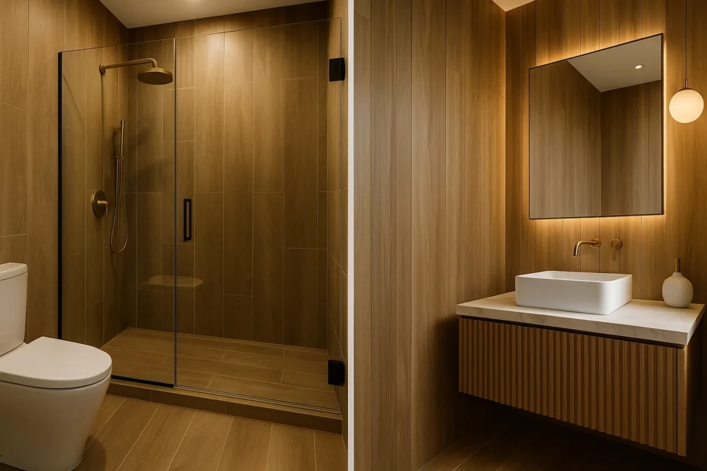 Imagem 2 em 1 de banheiro moderno: à esquerda, box com vidro transparente, metais dourados e louça branca sobre piso de porcelanato amadeirado; à direita, bancada com cuba branca, espelho iluminado e porcelanato amadeirado aplicado na vertical nas paredes para alongar o pé-direito.