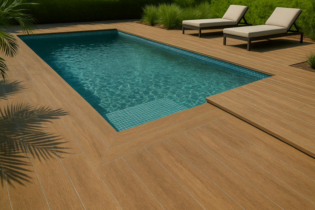 Piscina retangular ao ar livre com deck em porcelanato amadeirado tom caramelo/dourado, peças longas instaladas paralelas à borda, água azul com pastilhas internas, espreguiçadeiras e paisagismo verde sob luz natural.
