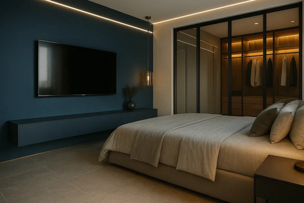 Porcelanato Cimentício no chão: 5 cores de parede para um conjunto elegante 5 Quarto moderno com parede azul petróleo, piso em porcelanato cimentício, iluminação em LED e divisória de vidro que revela um closet iluminado em madeira.