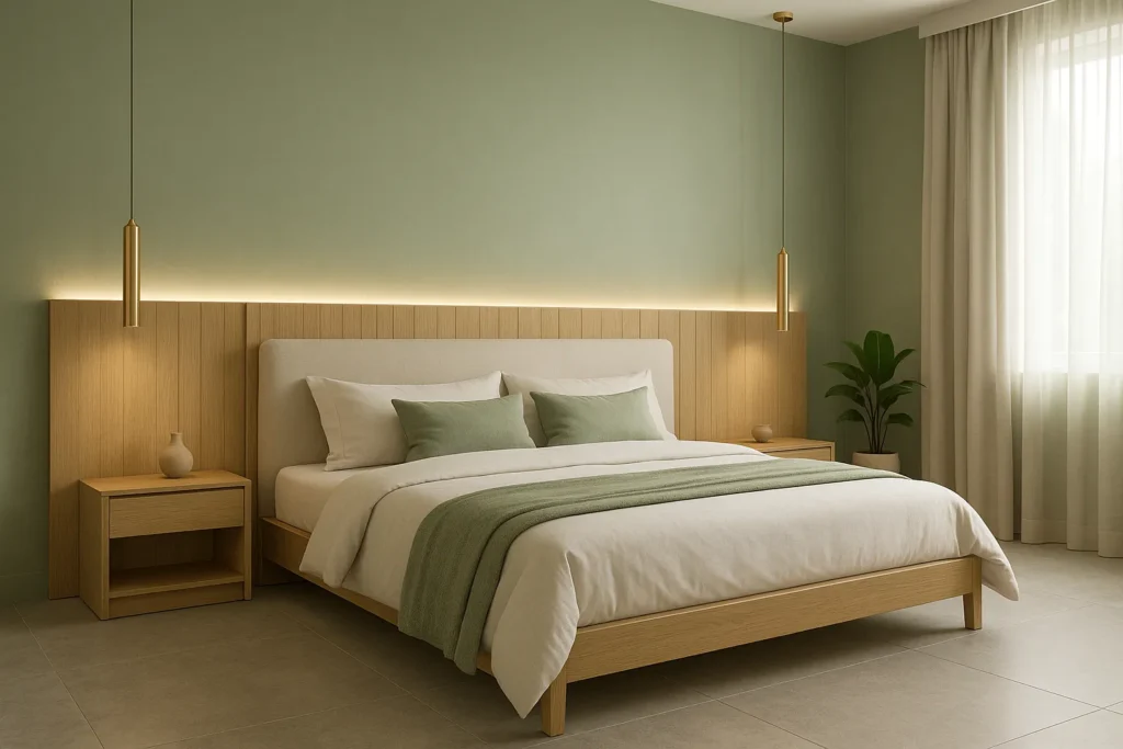 Porcelanato Cimentício no chão: 5 cores de parede para um conjunto elegante 4 Quarto moderno em verde sálvia com iluminação suave, cabeceira de madeira e piso de porcelanato cimentício claro, transmitindo elegância e aconchego.