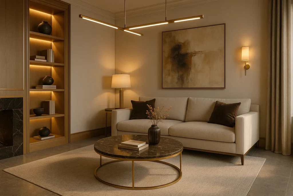 Porcelanato Cimentício no chão: 5 cores de parede para um conjunto elegante 2 Sala de estar elegante com porcelanato cimentício no chão, parede off-white e móveis de madeira clara, iluminada por luz suave e decorada com quadro e luminárias modernas.