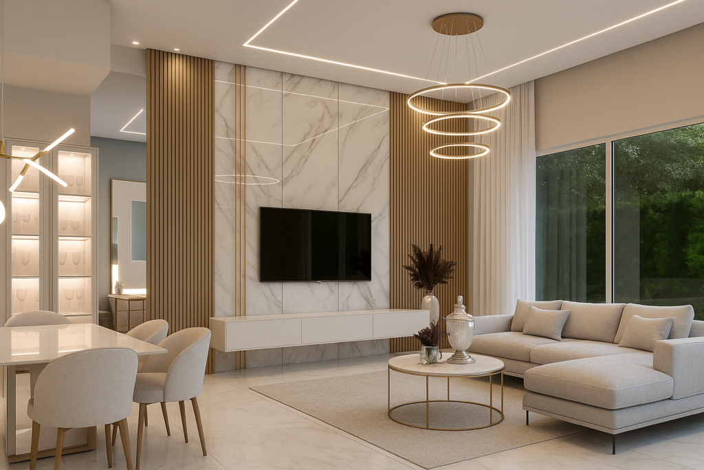 Porcelanato Marmorizado: guia completo de combinações elegantes 4 Sala de estar moderna com piso em porcelanato marmorizado claro, parede de TV com painel ripado e placas marmorizadas, sofá em “L” cinza, mesa de centro dourada com tampo claro, pendente de anéis e fitas LED no forro; grandes esquadrias com cortina leve.