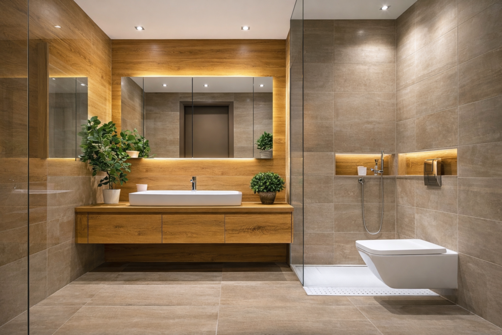 Banheiro moderno com revestimento para banheiro tipo madeira na bancada e parede, combinado com revestimento tipo pedra em tons neutros e iluminação embutida.