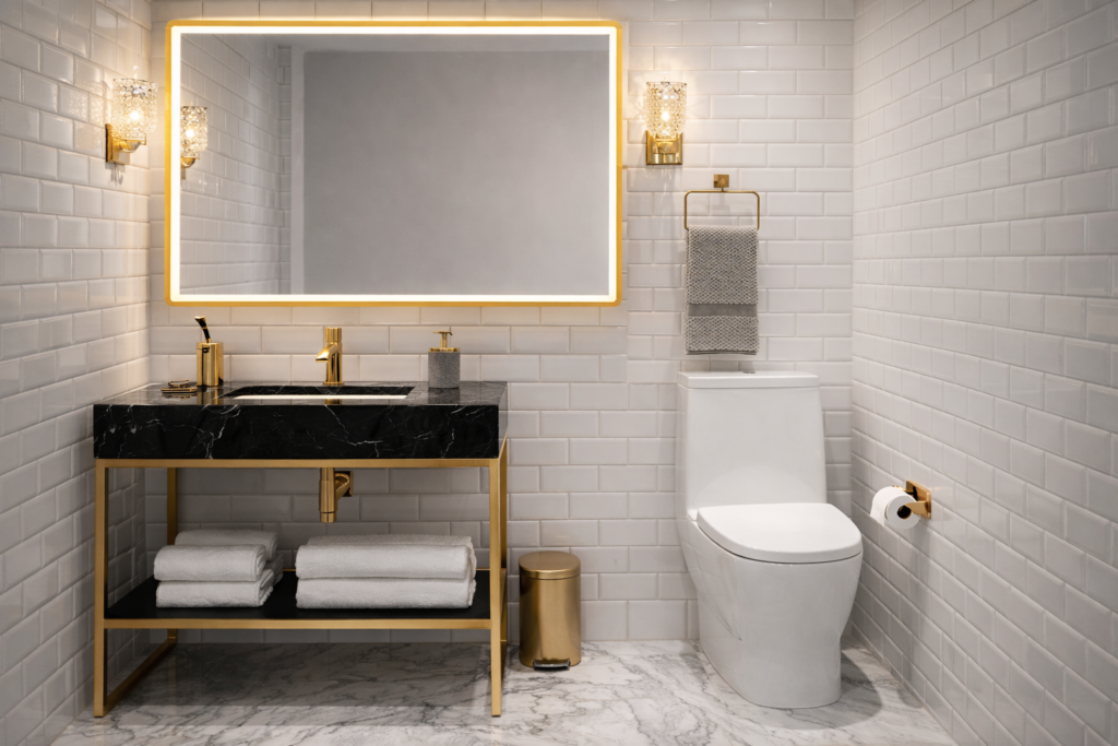 Banheiro elegante com revestimento para banheiro tipo tijolinho branco, bancada em mármore preto, espelho com LED embutido, metais dourados e vaso sanitário de design sofisticado.