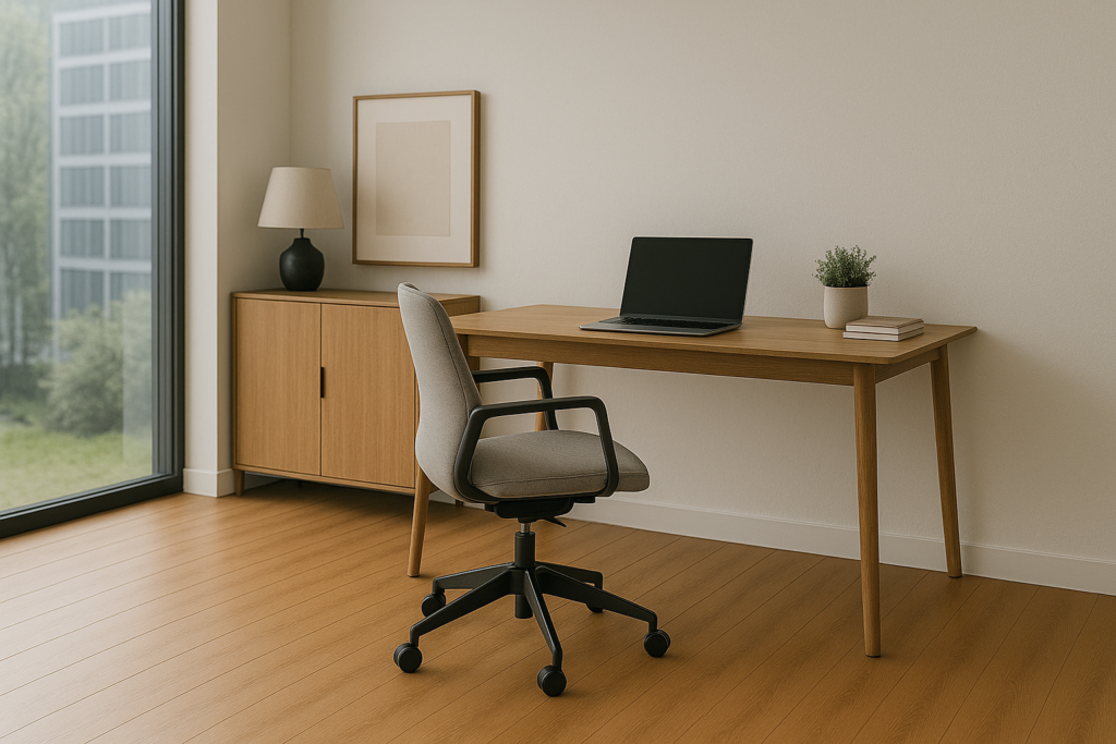 Escritório clean e moderno com piso vinílico amadeirado, mesa de madeira com notebook, cadeira ergonômica, aparador minimalista e grande janela trazendo luz natural ao ambiente.