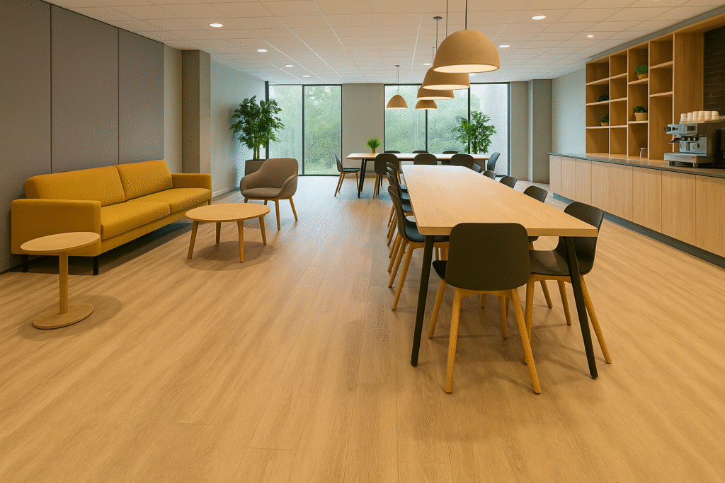 Ambiente comercial moderno com piso vinílico amadeirado, móveis contemporâneos, mesa compartilhada, sofás e iluminação suave, transmitindo conforto acústico e visual.