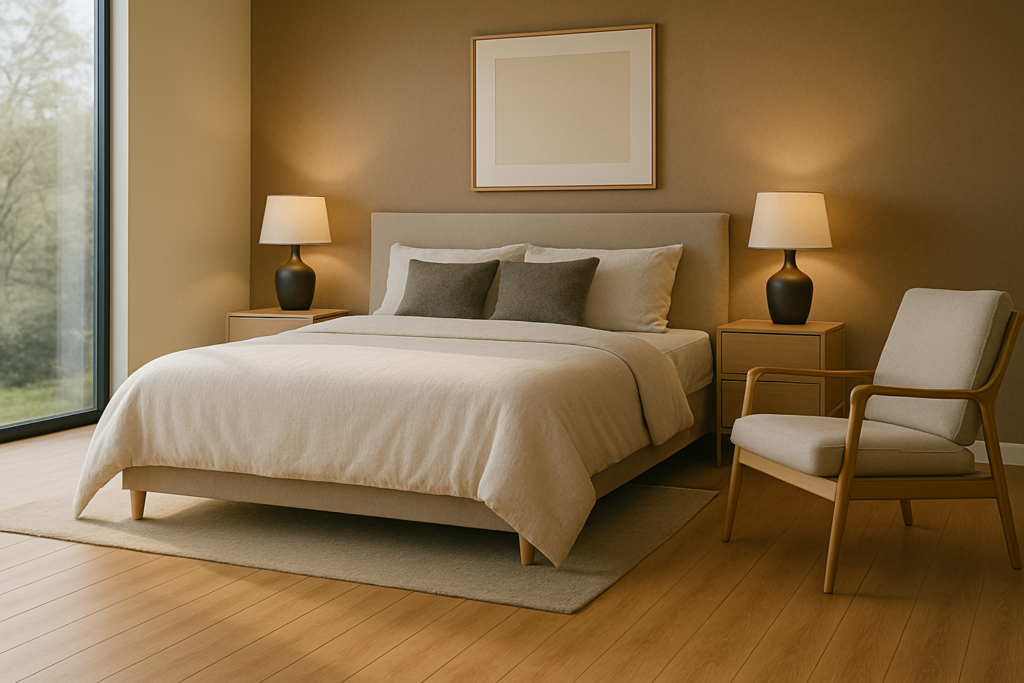 Quarto aconchegante com piso vinílico amadeirado, cama em tons neutros, poltrona de madeira estofada, criados-mudos com luminárias e ampla janela que ilumina o ambiente com luz natural.