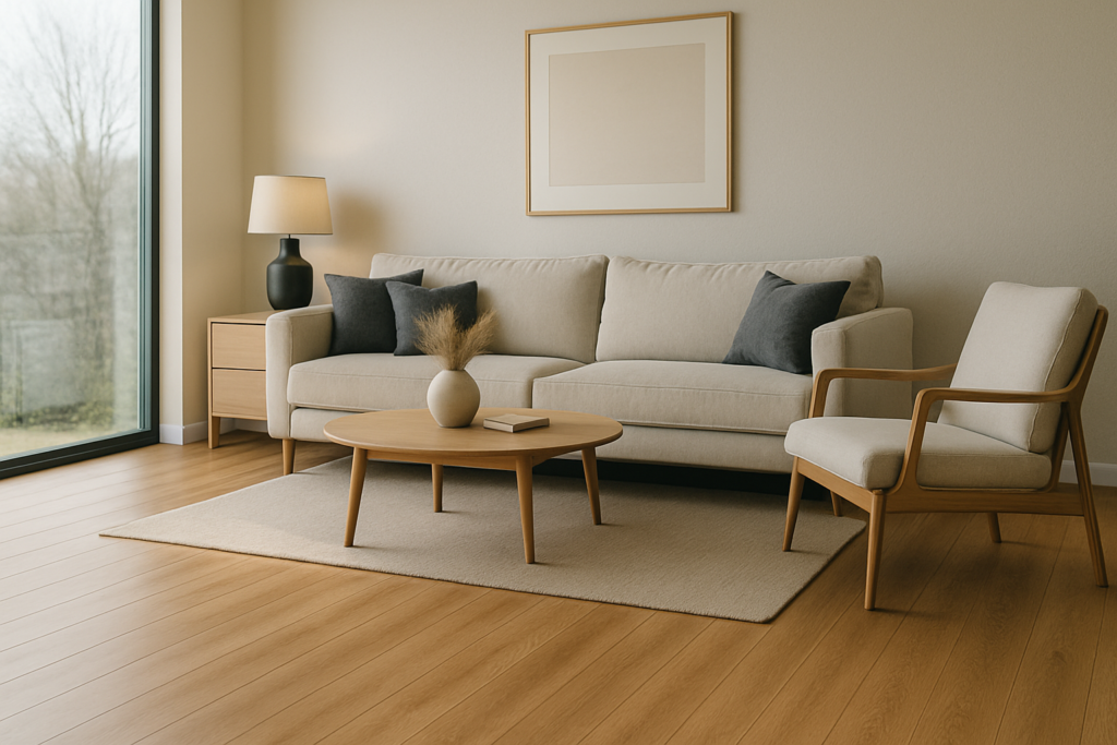 Sala de estar moderna com piso vinílico amadeirado, sofá claro, poltrona de madeira, mesa de centro minimalista e grande janela com luz natural, criando um ambiente acolhedor e elegante.