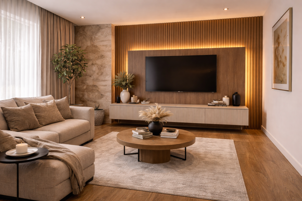 Sala de estar com painel ripado amadeirado na parede da TV, porcelanato amadeirado no piso, iluminação indireta em LED, sofá claro e decoração sofisticada.