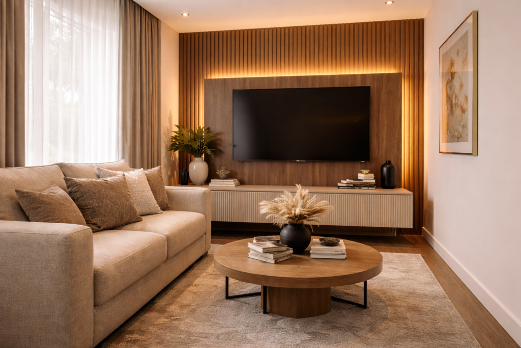 Sala de estar pequena com painel ripado amadeirado na parede da TV, iluminação indireta em LED, sofá claro, mesa de centro redonda e decoração elegante.