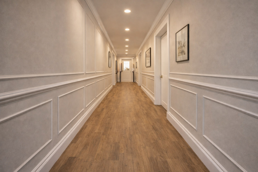 Corredor com piso vinílico colado amadeirado, paredes claras com boiserie e iluminação embutida no teto.