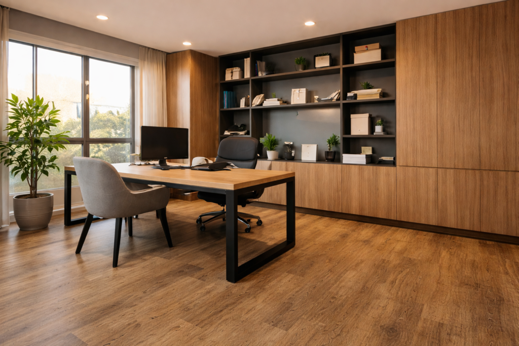 Corredor com piso vinílico colado amadeirado, paredes claras com boiserie e iluminação embutida no teto.