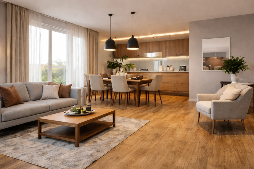 Sala de estar e jantar integradas com piso vinílico colado amadeirado, ambiente moderno, iluminado e com acabamento contínuo.