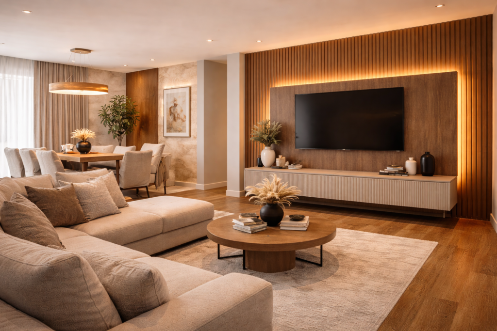 Sala de estar integrada com jantar, painel ripado amadeirado na parede da TV, iluminação indireta em LED, móveis neutros e decoração sofisticada.