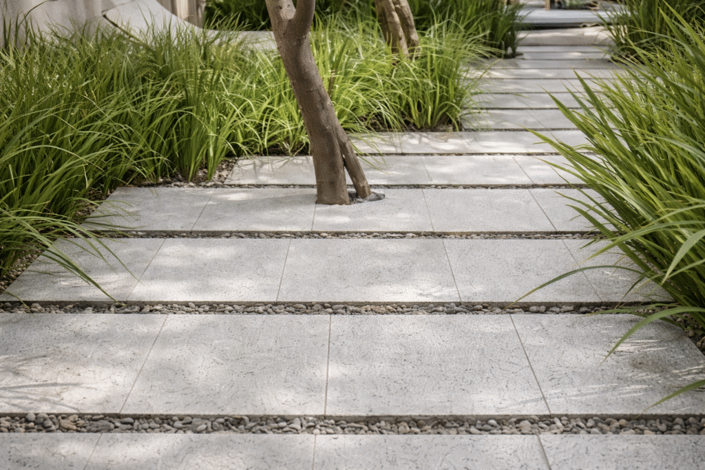 Solarium com revestimento externo claro em placas retangulares, integrado ao paisagismo com vegetação natural e árvores.