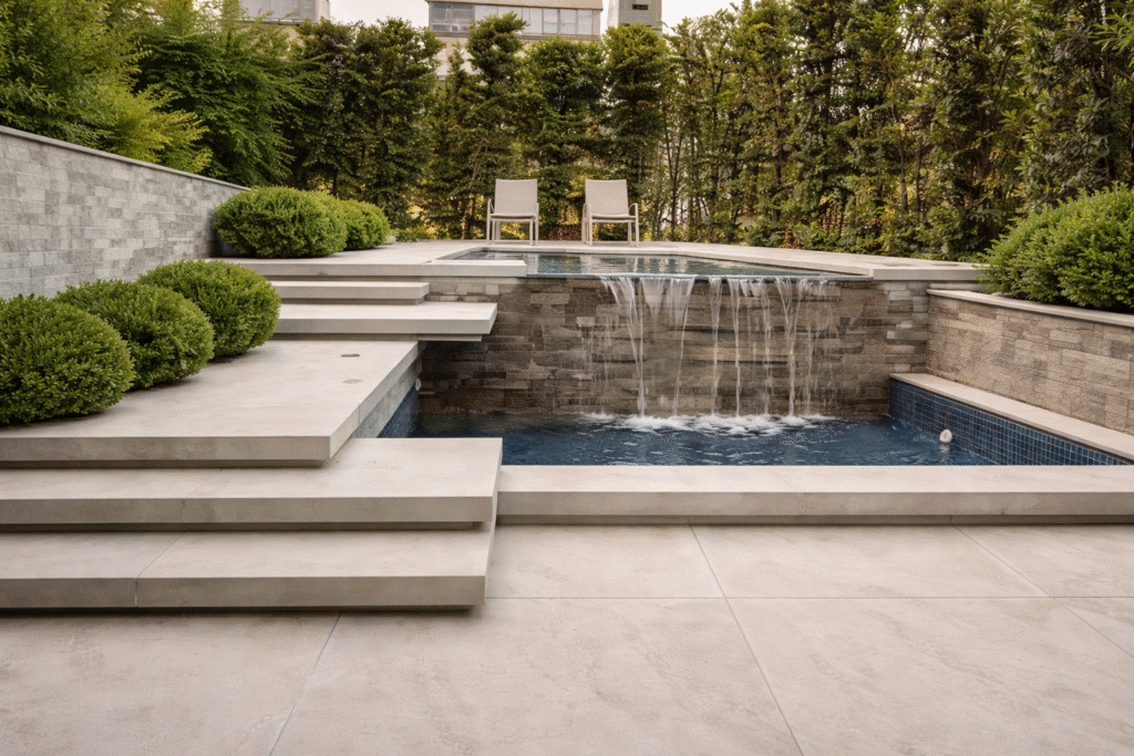 Solarium revestimento com porcelanato externo claro em área de piscina com cascata, degraus amplos e paisagismo residencial.