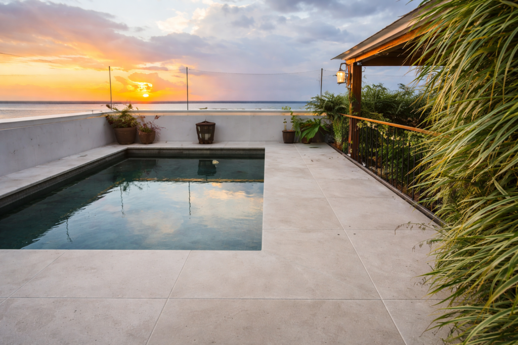 Solarium com porcelanato externo claro ao redor da piscina em cobertura, com paisagismo.