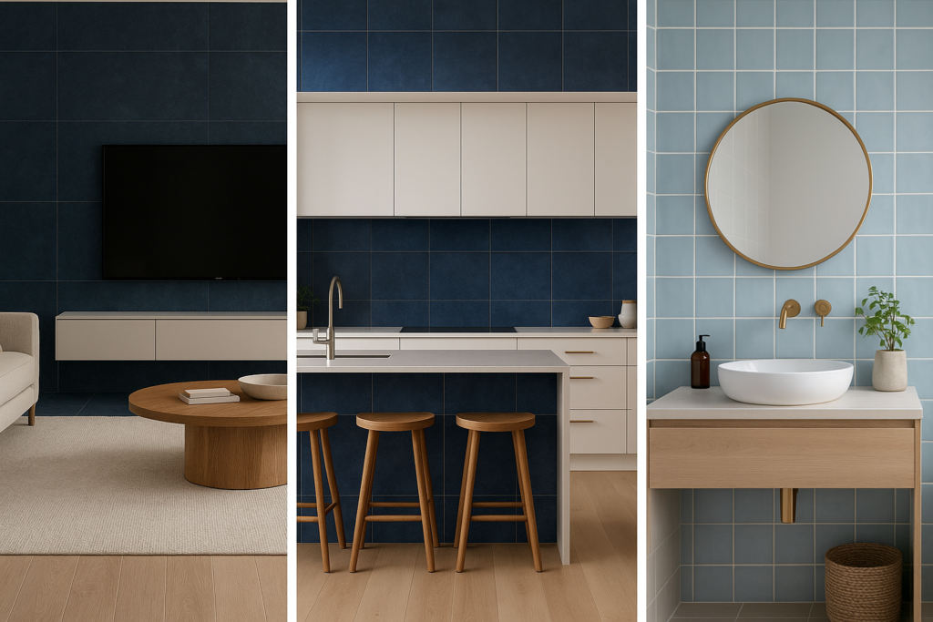 Imagem atual: Ambientes com porcelanato azul em sala, cozinha e banheiro