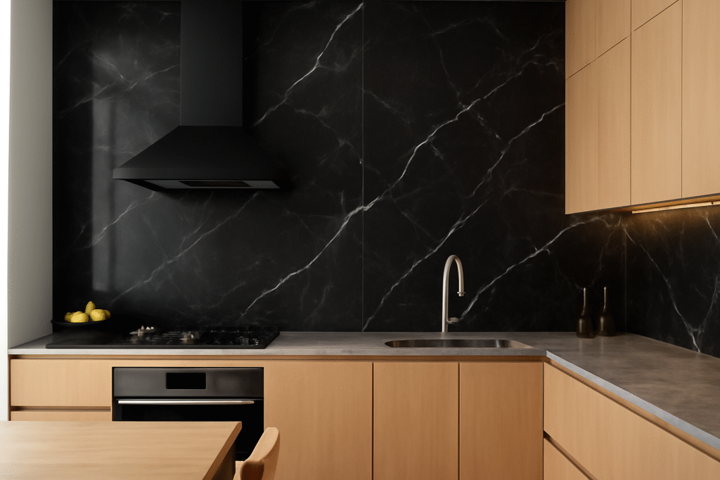 Porcelanato que Imita Mármore Preto: Elegância e Sofisticação para Seu Ambiente 1 Imagem atual: Cozinha com porcelanato preto marmorizado, destacando o luxo e sofisticação do ambiente.