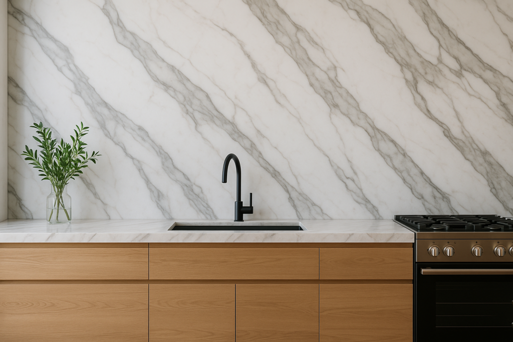 Cozinha com Porcelanato Marmorizado na Parede: Inspirações e Como Usar 3 Cozinha contemporânea com parede inteira revestida de porcelanato marmorizado branco com veios cinza. A bancada segue o mesmo padrão marmorizado, criando um visual contínuo e sofisticado. Armários inferiores em madeira clara com design minimalista, torneira preta moderna sobre uma cuba retangular preta, vaso de vidro com folhas verdes e fogão preto com acabamento em inox compõem o ambiente iluminado naturalmente.