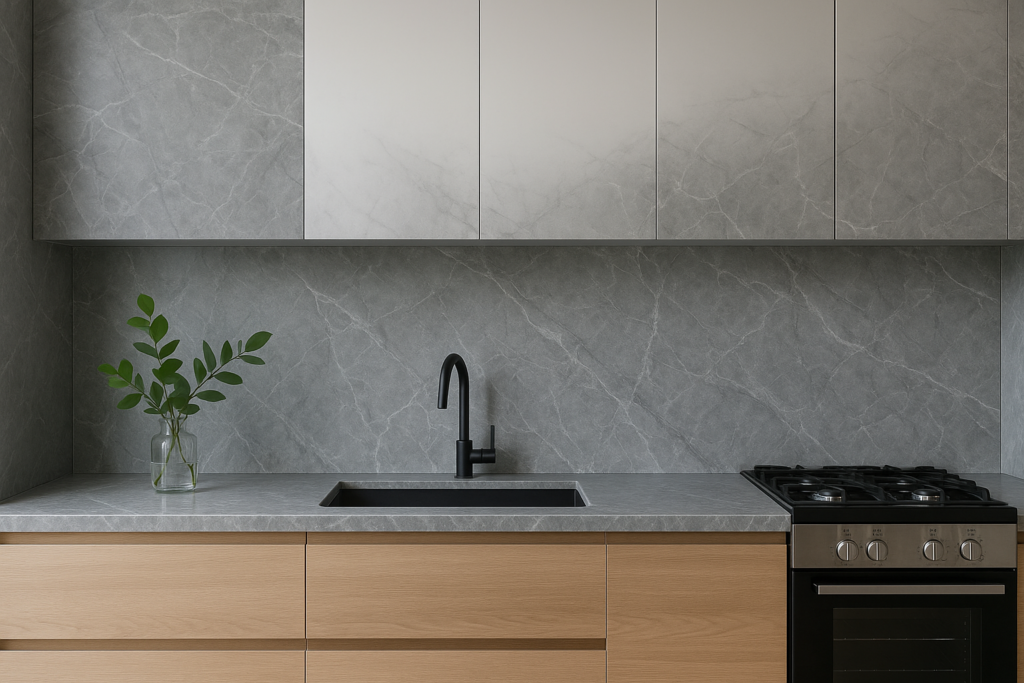 Cozinha com Porcelanato Marmorizado na Parede: Inspirações e Como Usar 5 Cozinha moderna com revestimento de porcelanato marmorizado cinza cobrindo a parede e a bancada, com veios brancos sutis. Armários inferiores em madeira clara e superiores em acabamento branco fosco. Pia com cuba preta embutida e torneira preta de design contemporâneo. Vaso de vidro com folhas verdes ao lado da pia e fogão preto com detalhes em inox, compondo um ambiente sofisticado e bem iluminado.