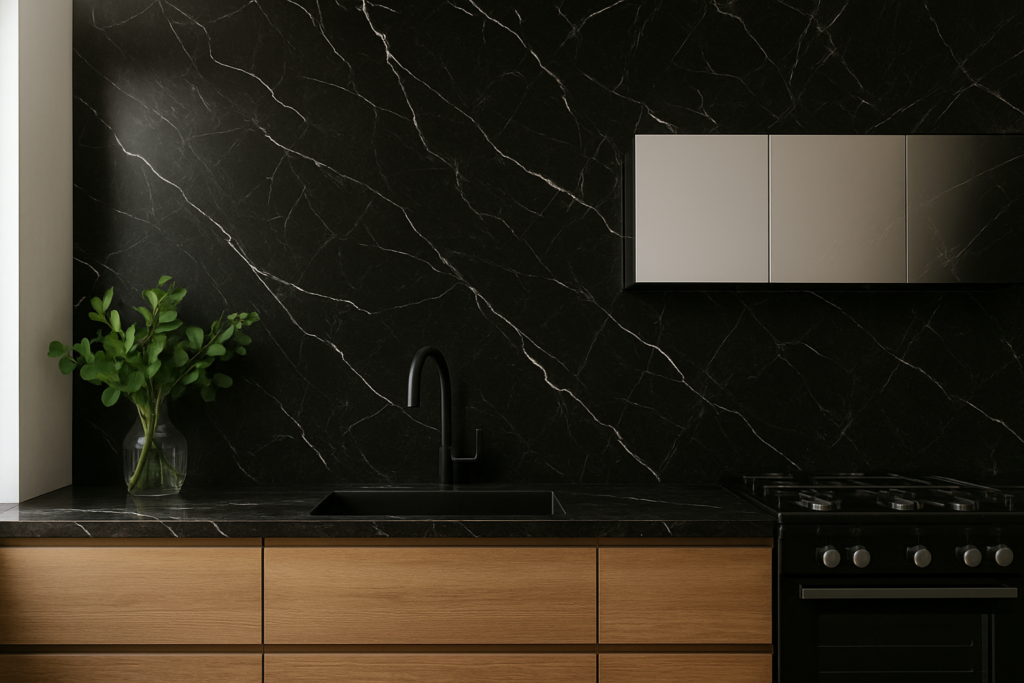 Cozinha com Porcelanato Marmorizado na Parede: Inspirações e Como Usar 6 Cozinha contemporânea com porcelanato marmorizado preto cobrindo a parede e a bancada, com veios brancos destacados. Armários inferiores em madeira clara e superiores em acabamento branco fosco. Cuba e torneira pretas modernas integradas à bancada. À esquerda, vaso de vidro com folhas verdes e, à direita, fogão preto com botões metálicos. A composição é sofisticada, com iluminação natural realçando os contrastes e texturas do ambiente.