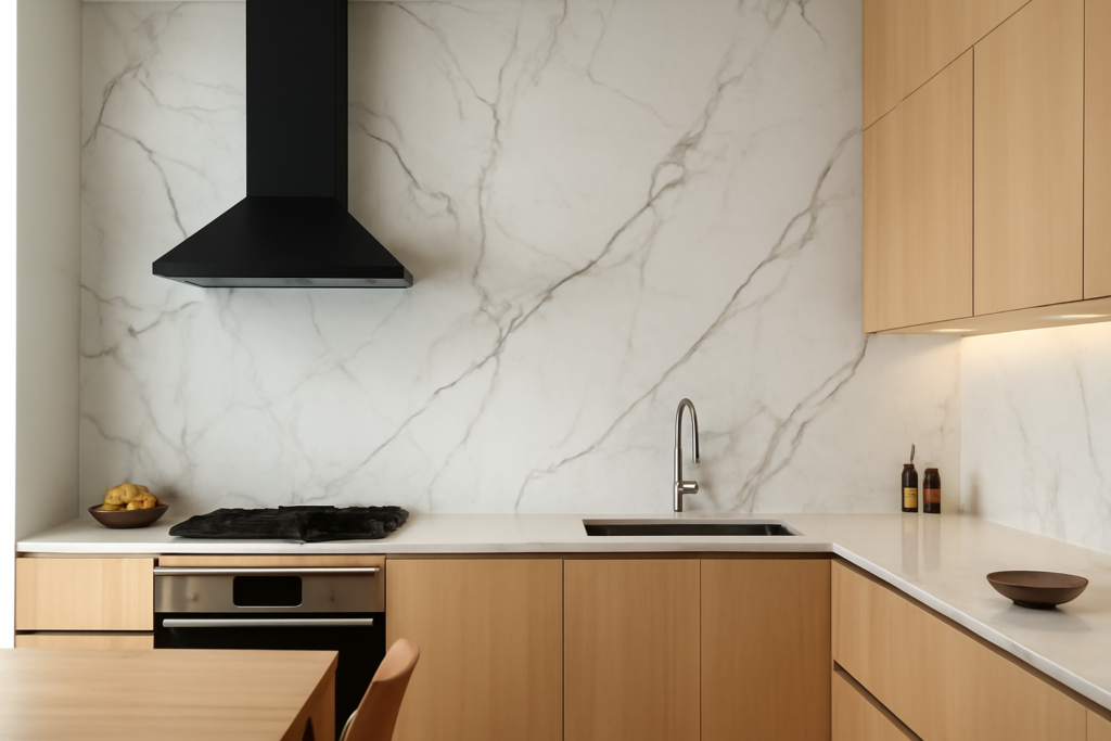 Cozinha com Porcelanato Marmorizado na Parede: Inspirações e Como Usar 4 Cozinha moderna com parede revestida de porcelanato marmorizado branco com veios cinza suave. Armários inferiores e superiores em madeira clara, bancada branca contínua com cuba retangular em inox e torneira cromada de design contemporâneo. Coifa preta contrastando sobre o cooktop, objetos decorativos discretos e iluminação embutida sob os armários superiores completam o ambiente elegante e funcional.