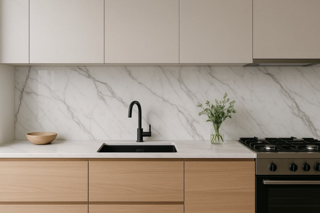 Cozinha com Porcelanato Marmorizado na Parede: Inspirações e Como Usar 2 Cozinha contemporânea com parede revestida de porcelanato marmorizado branco com veios cinza. A bancada segue o mesmo padrão marmorizado, criando continuidade visual. Armários inferiores em madeira clara e superiores em acabamento bege fosco. A pia retangular preta com torneira moderna preta se destaca no centro. Ao lado, um vaso de vidro com folhagens verdes e um fogão preto com detalhes em inox completam o ambiente minimalista, iluminado por luz natural suave.