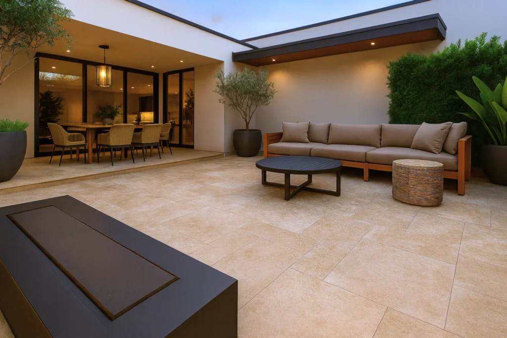 Ideias de Piso para Área Externa: Transforme seu Quintal com Estilo e Praticidade 1 Imagem atual: Área externa moderna com porcelanato bege, sofá de design elegante em madeira, mesa de centro sofisticada e vasos com plantas, transmitindo luxo e naturalidade.