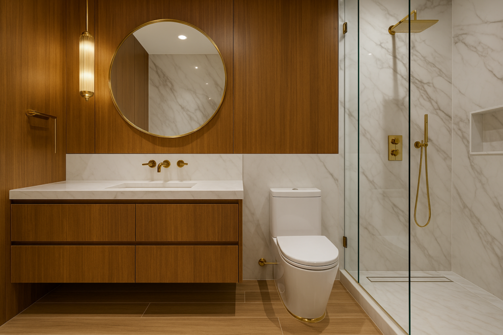 Banheiro Amadeirado com Branco: Por Que Apostar Nessa Tendência 1 Imagem atual: Banheiro moderno amadeirado com porcelanato branco e metais dourados, criando um ambiente elegante e sofisticado.