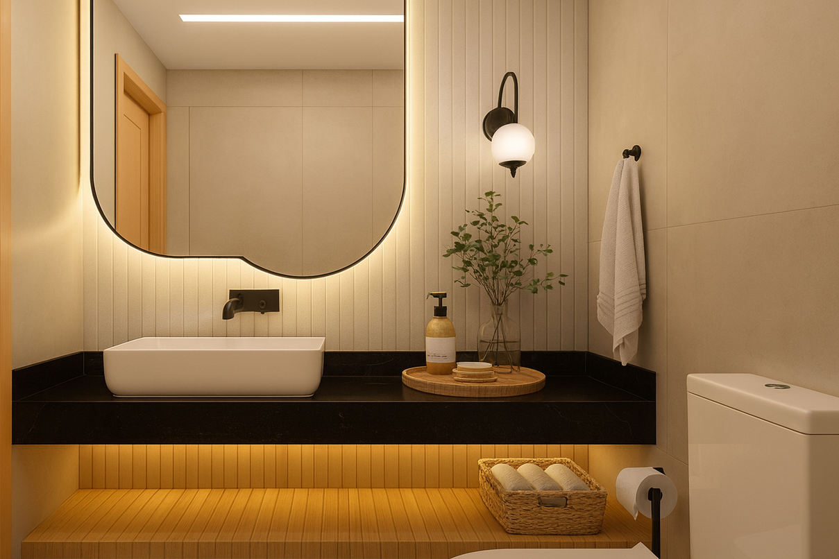 Pia de Banheiro Moderno: Modelos Essenciais para Escolher 6 Banheiro moderno com espelho iluminado, bancada preta e cuba branca, prateleira de madeira iluminada e decoração minimalista.