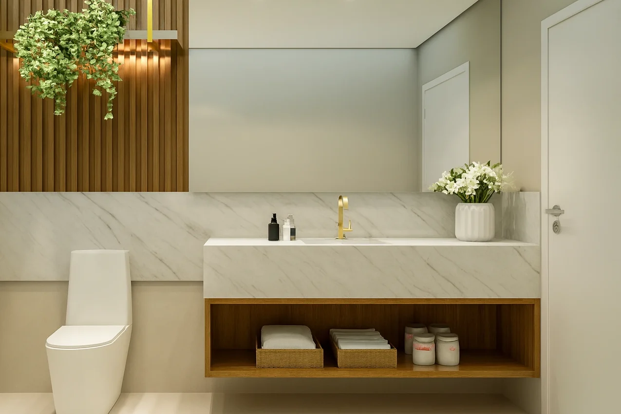 Pia de Banheiro Moderno: Modelos Essenciais para Escolher 1 Banheiro moderno com bancada de mármore, metais dourados e detalhes em madeira, decorado com plantas suspensas e iluminação suave.